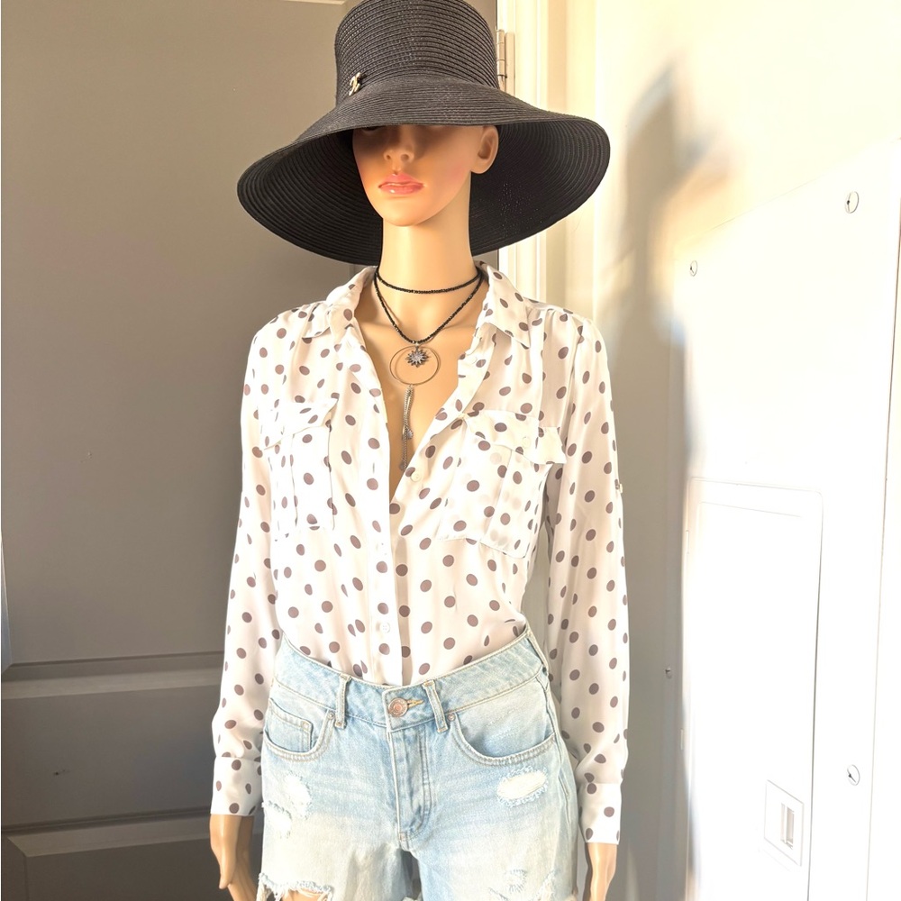 Violet & Claire White and Brown Polka Dot Button-Down Shirt women Blouse size S